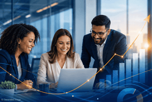 3 happy professionals at laptop with upward chart