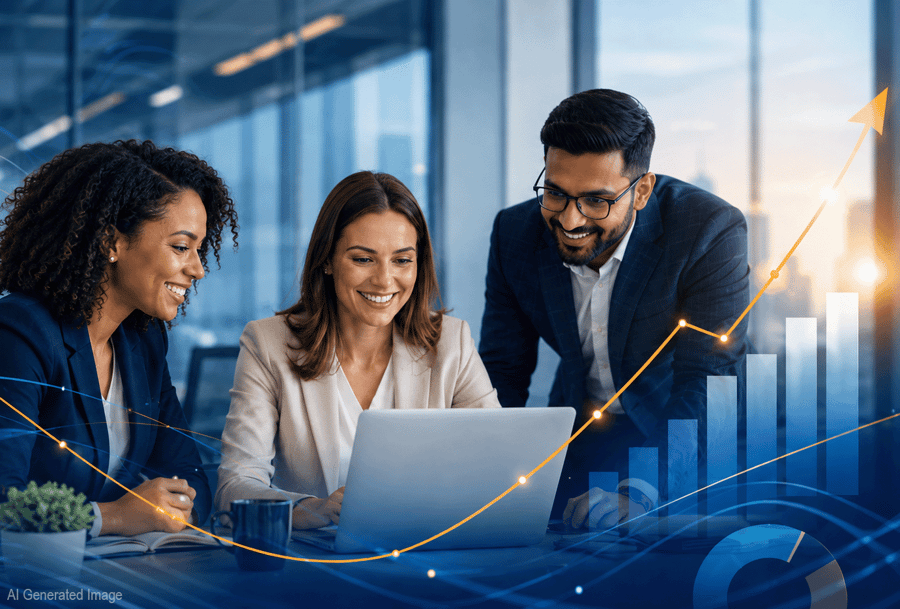 3 happy professionals at laptop with upward chart