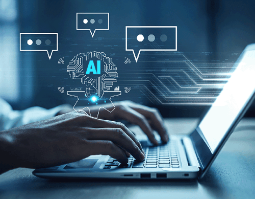 hands typing on laptop with AI symbol in background