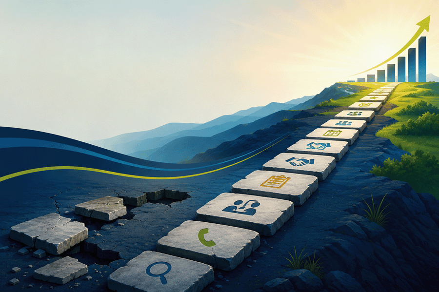 Steps with icons moving toward success