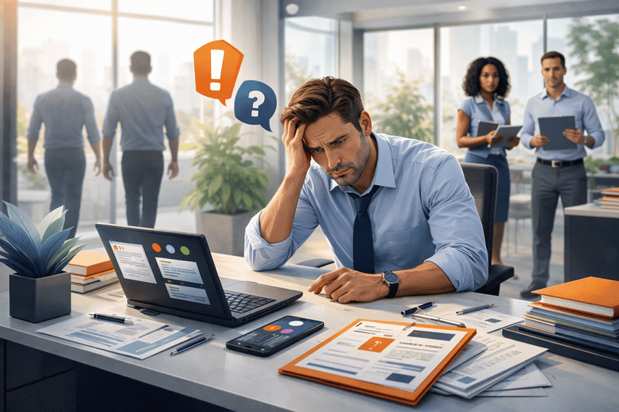 recruiter looking frustrated at deck in office