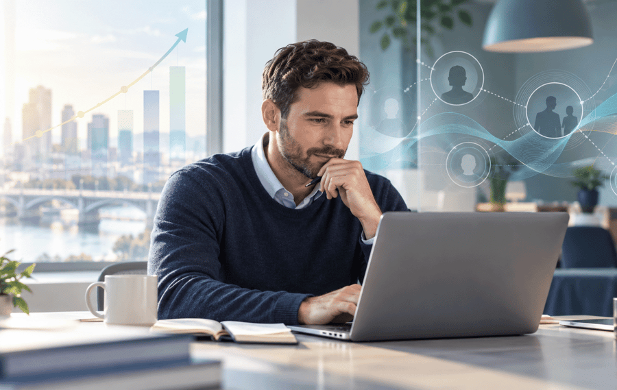 salesperson thinking while looking at laptop