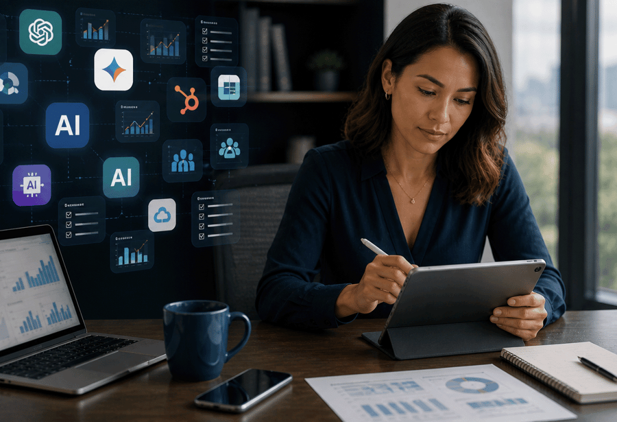 woman working with various AI tool icons in background