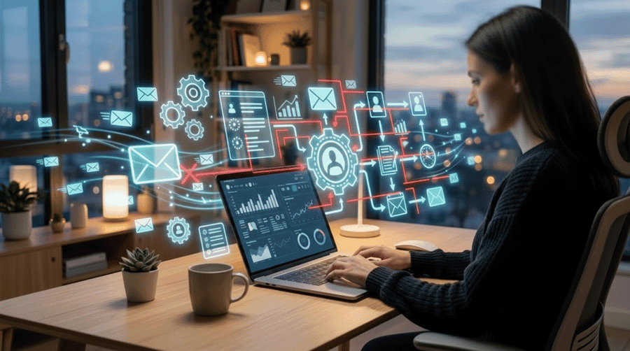 woman at laptop with sales metrics and icons