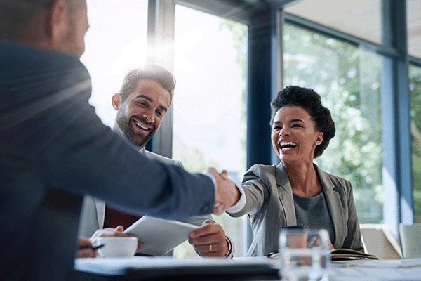 woman in meeting with clients